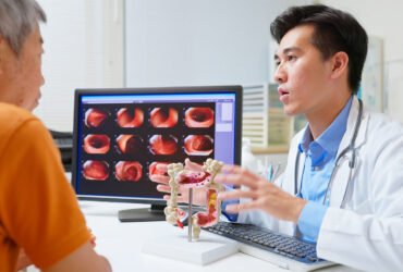 A male doctor sits next to a computer screen with diagnostic images while gesturing at a 3D model of a colon, across the desk from an older man wearing an orange shirt