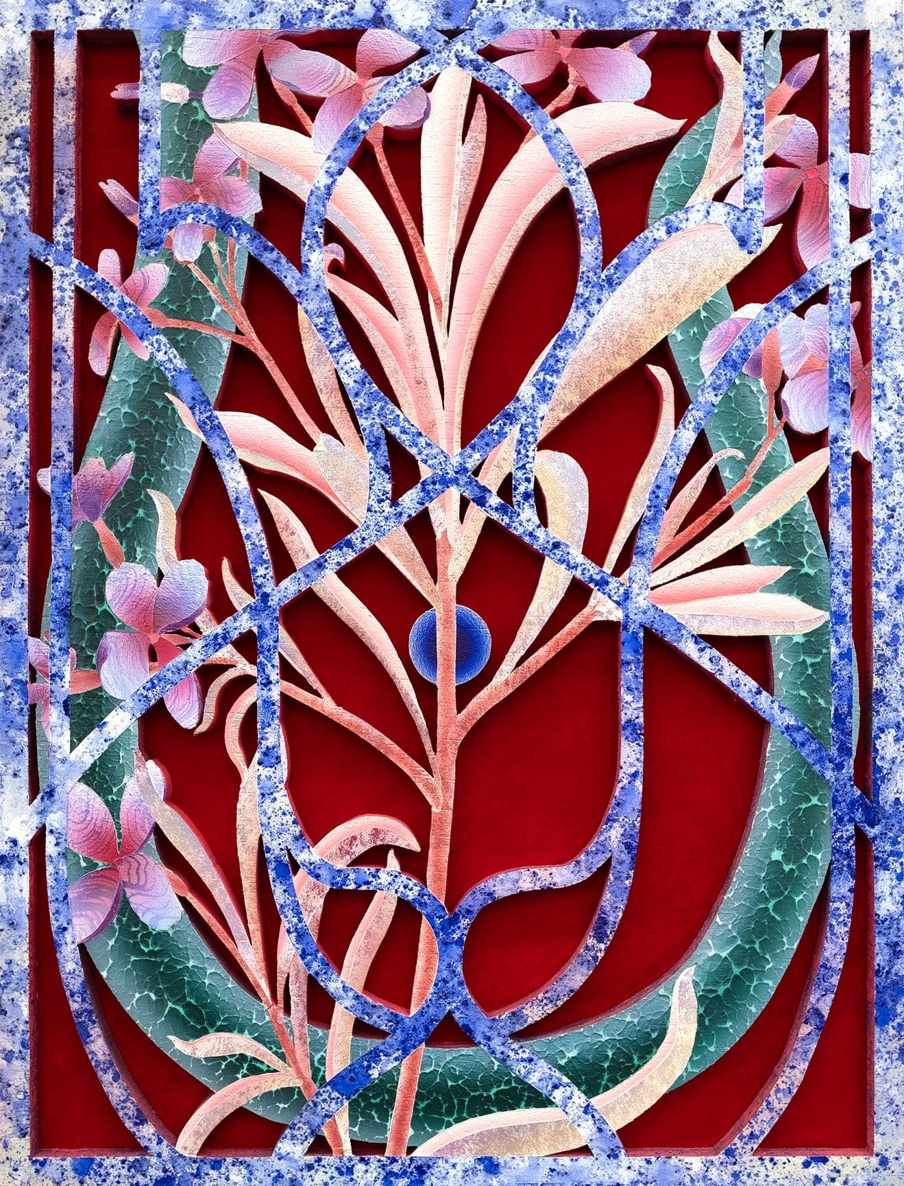 the side view of a painting on wood and velvet of otherworldly pink and purple flowers behind an ornate barrier reminiscent of wrought iron