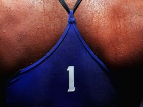 Sweat is seen on the back of Varapatsorn Radarong of Thailand during her Beach Volleyball Women