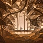 an intricate papercut world with a tiny figure wandering through tall trees. the piece is backlit by warm yellow light