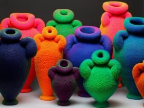 a group of seemingly glowing or fluorescing vase sculptures in different colors and pudgy shapes