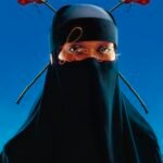 a striking portrait of a figure wearing a niqab, with roses on her head and wire worn like glasses in front of her eyes that reads "love"