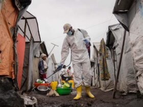 A worker spraying chlorine in Goma in the Democratic Republic of the Congo in August 2024