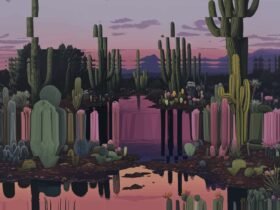 a vibrant desert landscape that stretches into digital glitches