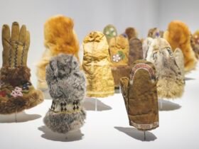 a detail of an installation of various handmade fur and seal skin mittens illuminated in a gallery