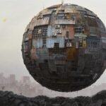 a science fiction-inspired painting of a giant orb covered in architectural elements and signs, hovering over a darkened, detritus-covered landscape