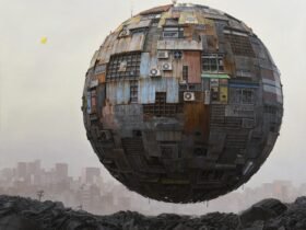 a science fiction-inspired painting of a giant orb covered in architectural elements and signs, hovering over a darkened, detritus-covered landscape