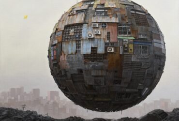 a science fiction-inspired painting of a giant orb covered in architectural elements and signs, hovering over a darkened, detritus-covered landscape