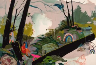 an abstract landscape painting with figures and rainbows interacting in a glen