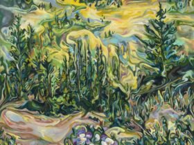 a vibrant gestural landscape in hues of green, yellow, pastel purple, and light blue