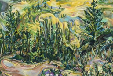 a vibrant gestural landscape in hues of green, yellow, pastel purple, and light blue