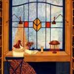 an illustration of a woman seated at a desk in front of a large stained glass window, working on her writing while it snows outside