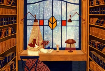 an illustration of a woman seated at a desk in front of a large stained glass window, working on her writing while it snows outside