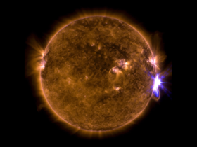 NASA’s Solar Dynamics Observatory captured this image of a solar flare–as seen in the bright flash on the right side–on September 10, 2017. The image shows a combination of wavelengths of extreme ultraviolet light that highlights the extremely hot material in flares, which has then been colorized.