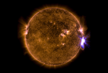 NASA’s Solar Dynamics Observatory captured this image of a solar flare–as seen in the bright flash on the right side–on September 10, 2017. The image shows a combination of wavelengths of extreme ultraviolet light that highlights the extremely hot material in flares, which has then been colorized.