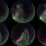 Six all-sky images of northern auroras white white lights running through them