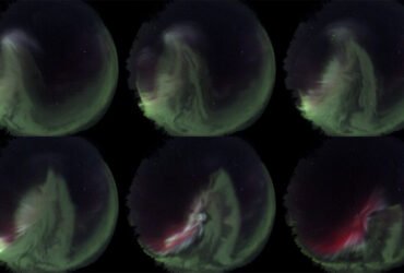 Six all-sky images of northern auroras white white lights running through them