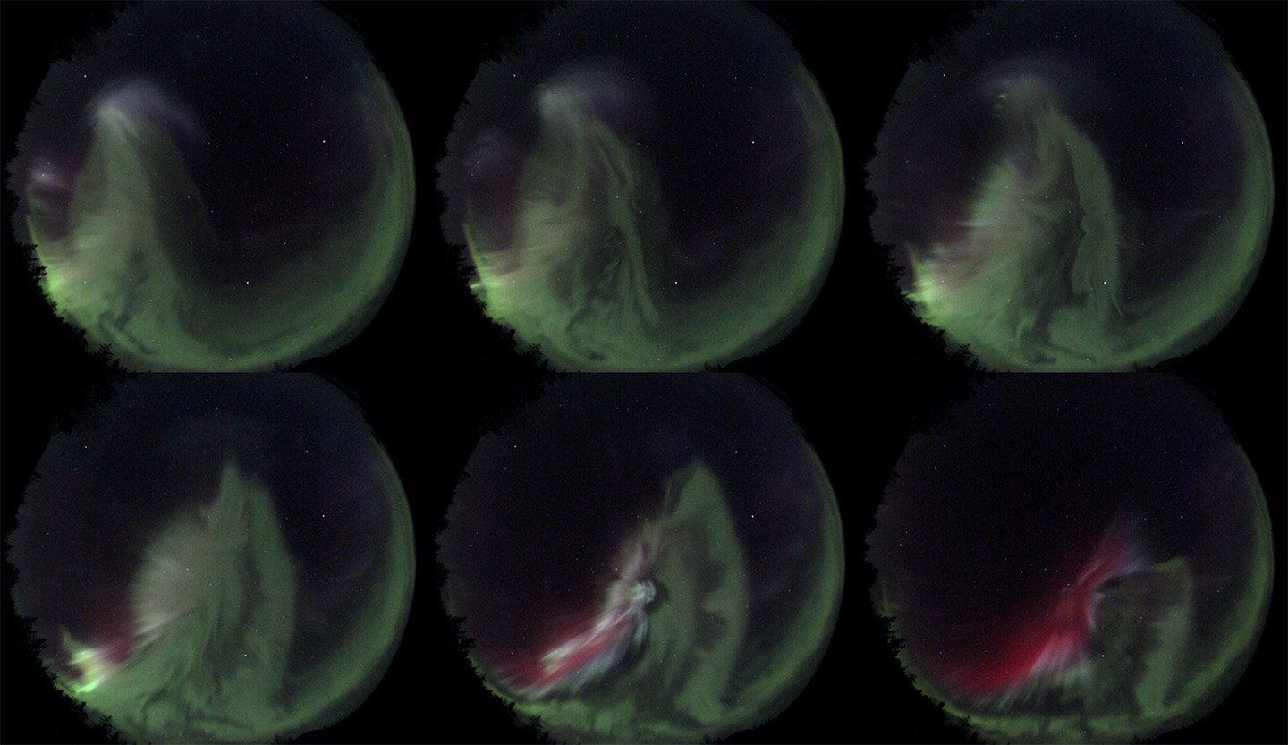 Six all-sky images of northern auroras white white lights running through them