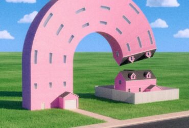 two pink houses sit next to each other in a large green lawn, under a blue sky, and one of the houses has reached up and is curved to hover over the other one as if listening in