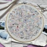 an embroidery hoop with numerous embroidered icons in different colors, each icon representing a day of the year