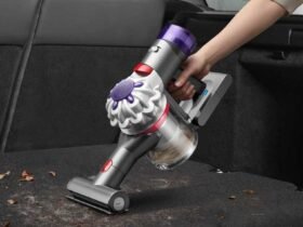 Handheld vacuum being used to clean up leaves in the back of a car