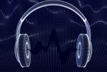 3D headphones with sound waves on dark background. Concept of electronic music listening and digital audio. Abstract visualization of digital sound waves and modern art. Vector illustration. (3D headphones with sound waves on dark background. Concept