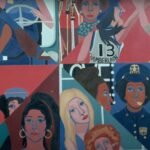 a detail image of a colorful mural divided into eight parts depicting women in various professions