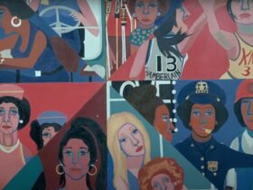 a detail image of a colorful mural divided into eight parts depicting women in various professions