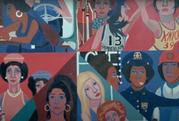 a detail image of a colorful mural divided into eight parts depicting women in various professions