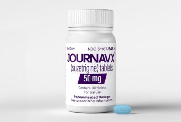 An image of a pill bottle labeled JOURNAVX with a little blue pill beside it.