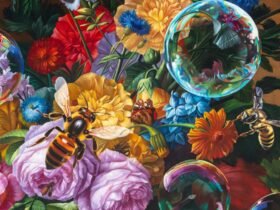 a detail of a still life painting of lush pink and yellow flowers with iridescent bubbles and bees surrounding it