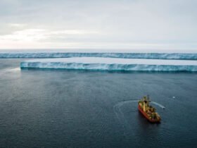 A boat heads toward Thwaits Glacier in Antarctica.