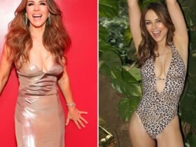 Elizabeth Hurley, 59, shows off age-rating looks in diving leopard print swimming suit