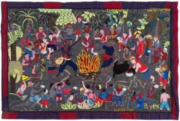 a bead-and sequin-embellished fabric artwork of a lively scene of numerous people dancing and gathering around a fire in a "Caiman Wood Ceremony"