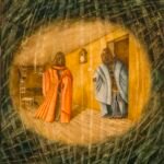 Green-tinted woven wood covers the corners and leads to the middle where a woman in an orange cloak made from various wooden objects such as a wagon wheel holds a candle and looks to her right at a man entering into the room from a door. The man is wearing a blue cloak and is also comprised of wooden objects. In his right hand, he holds a white flower. Behind them, a clock hangs on the wall, and in the left corner, a blackbird perches on a chair.