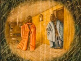 Green-tinted woven wood covers the corners and leads to the middle where a woman in an orange cloak made from various wooden objects such as a wagon wheel holds a candle and looks to her right at a man entering into the room from a door. The man is wearing a blue cloak and is also comprised of wooden objects. In his right hand, he holds a white flower. Behind them, a clock hangs on the wall, and in the left corner, a blackbird perches on a chair.