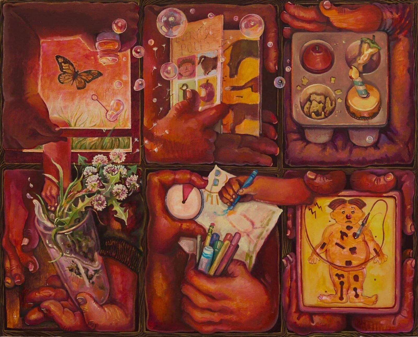 a horizontal painting of compartments related to parenthood and everyday life, like the game Operation, snacks, bubbles, and other activities