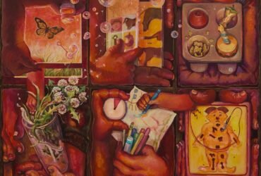 a horizontal painting of compartments related to parenthood and everyday life, like the game Operation, snacks, bubbles, and other activities