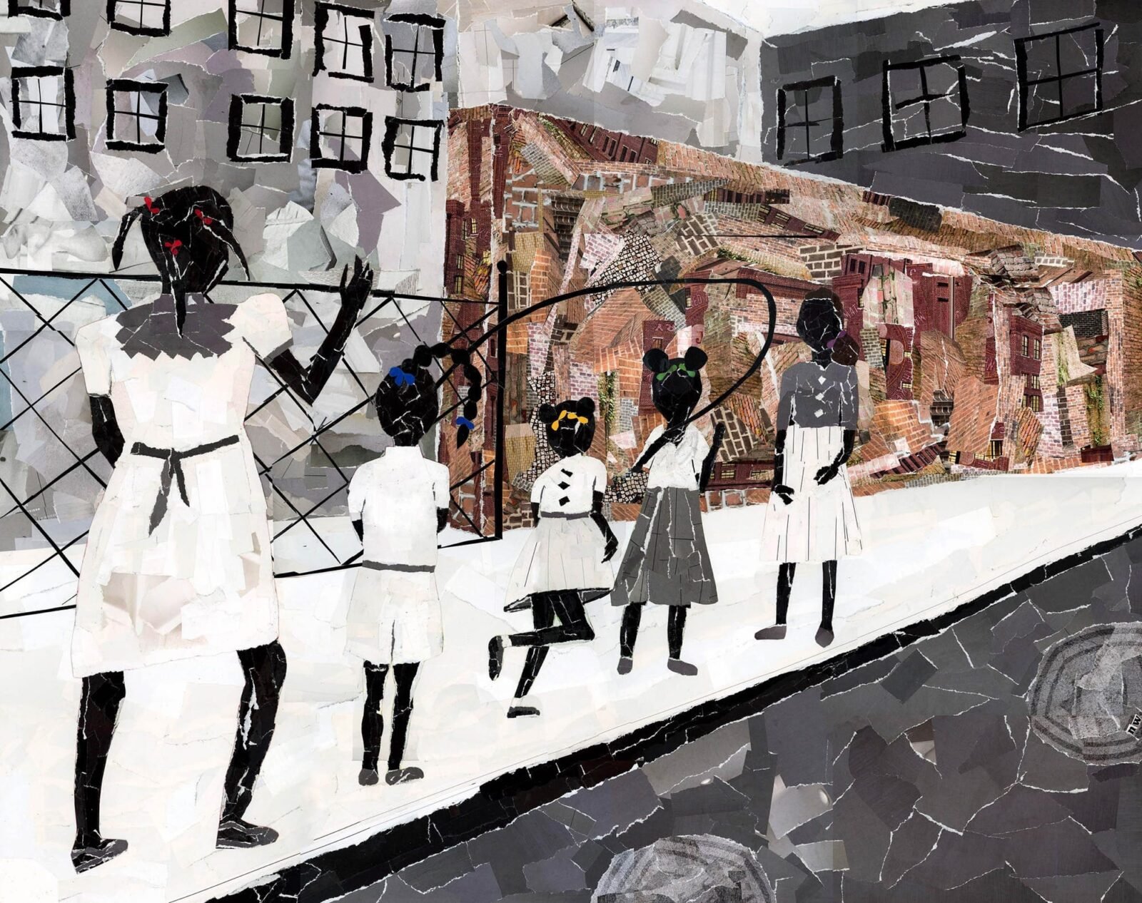 a paper collage of five Black school children out in the schoolyard playing jumprope