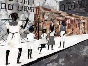 a paper collage of five Black school children out in the schoolyard playing jumprope