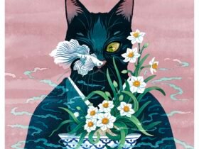 an illustration of a black cat wearing a kimono, standing in front of a pink background and holding a blue-and-white bowl with daffodils as a white betta fish swims in front of its face