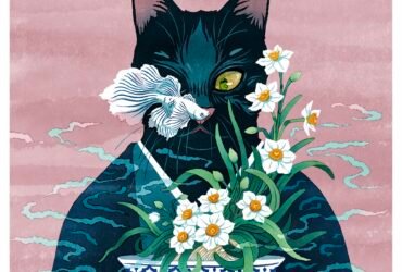 an illustration of a black cat wearing a kimono, standing in front of a pink background and holding a blue-and-white bowl with daffodils as a white betta fish swims in front of its face