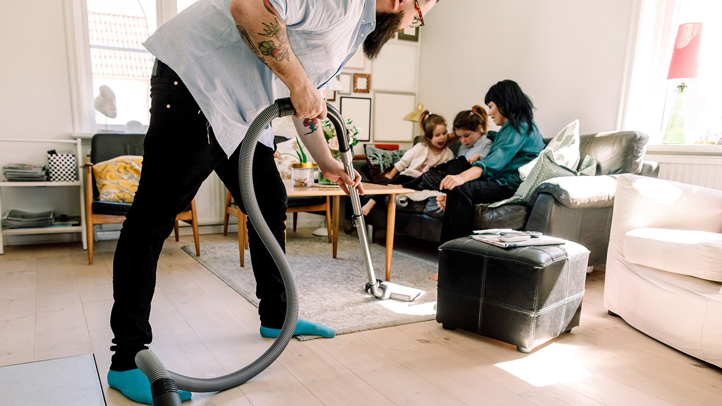 Married men have are doing traditionally feminine chores, such as cleaning.