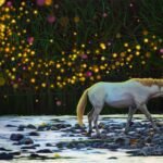 a horse walking through water with a firefly horde above