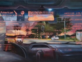 a horizontal abstract painting of a landscape at night viewed through the windshield of a car, overlaid with an American Airlines passenger ticket