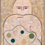 a vertical painting of a woman composed of abstract, patterned, geometric shapes, holding a painting palette