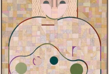 a vertical painting of a woman composed of abstract, patterned, geometric shapes, holding a painting palette