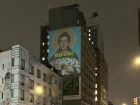 Solid "Free Luigi" image projected on the Manhattan building