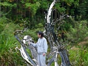 an Asian man stands at the base of a large, chrome-colored sculpture resembling a liquid splash frozen in time, installed in a field, with woods in the background