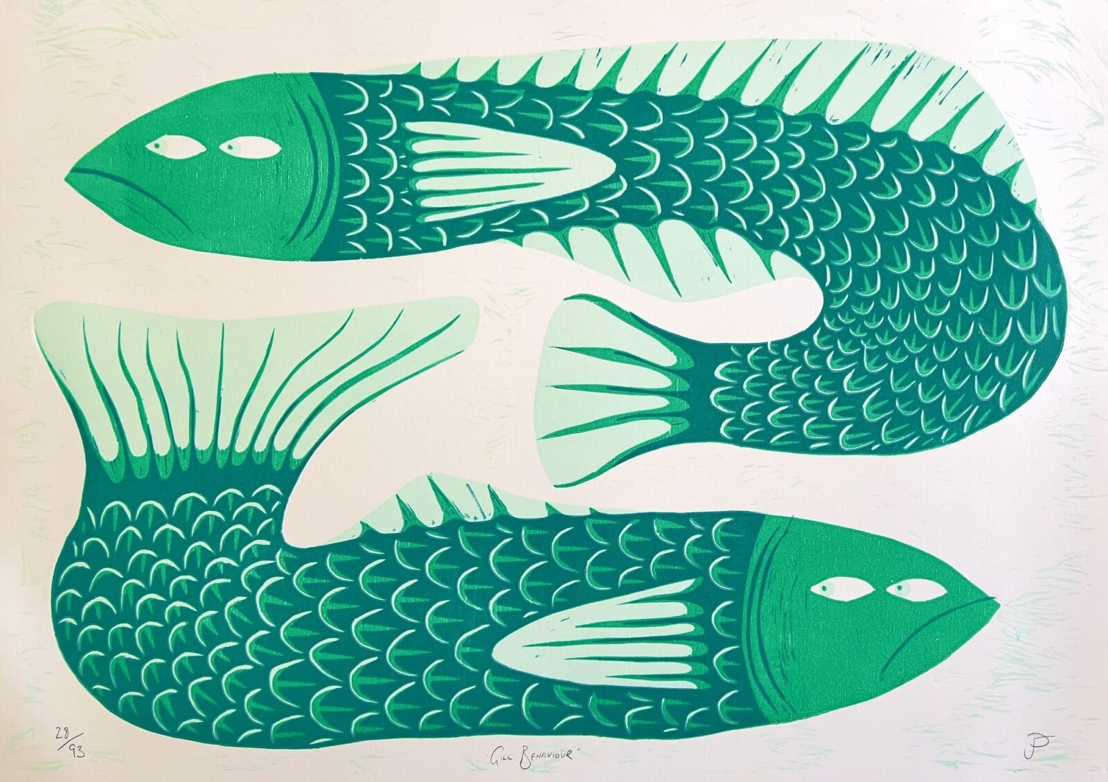 a woodblock print of two green fish facing in different directions